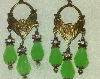 Art Nouveau Chandelier Earrings with Green Pear drops