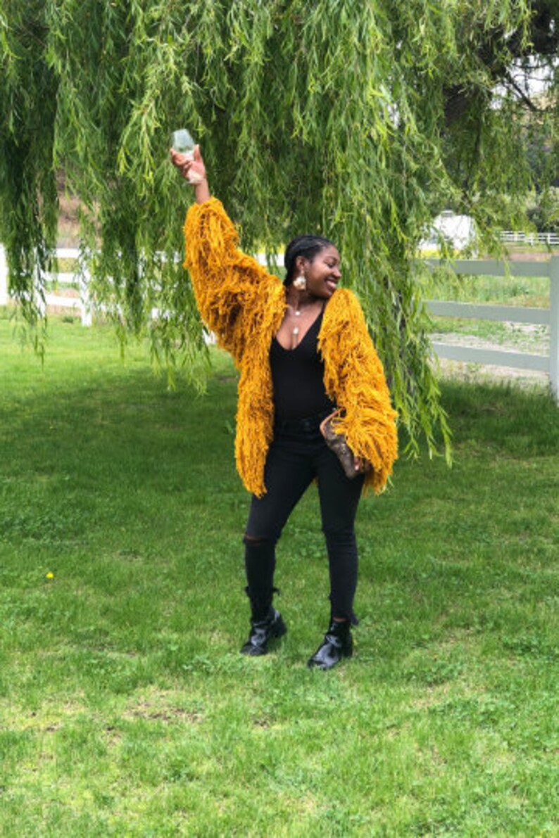 Mustard Shaggy Crochet Cardigan Warm 