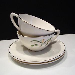 Floral Tea Cup Saucer & Plate Orange flowers with Green leaves, 2 Tea Cups and Saucers, 1960 s Teacup Saucer 2 Sets, MER