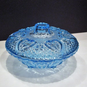 Aqua Ice Blue Covered Bowl, Blue  Pressed Glass Covered Candy Dish, Roses and Hearts Lidded Bowl, Pressed Glass Covered Candy Dish, MER