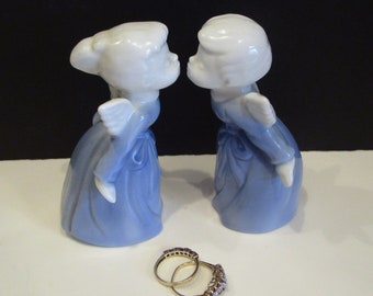Lefton Porcelain Kissing Angels, Vintage Boy & Girl Figurine Lefton Christmas, Vtg Lefton Boy Girl Kissing Angels Figurines Blue White, MER