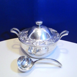 Pewter Soup Tureen with Ladle: Floral Design, Shiny Finish