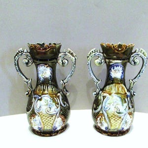 Antique Majolica Porcelain Urn Vases: 19th Century Victorian Pair