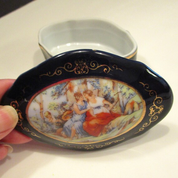 Cobalt Trinket Box: Victorian Ladies Scene, Gold … - image 1