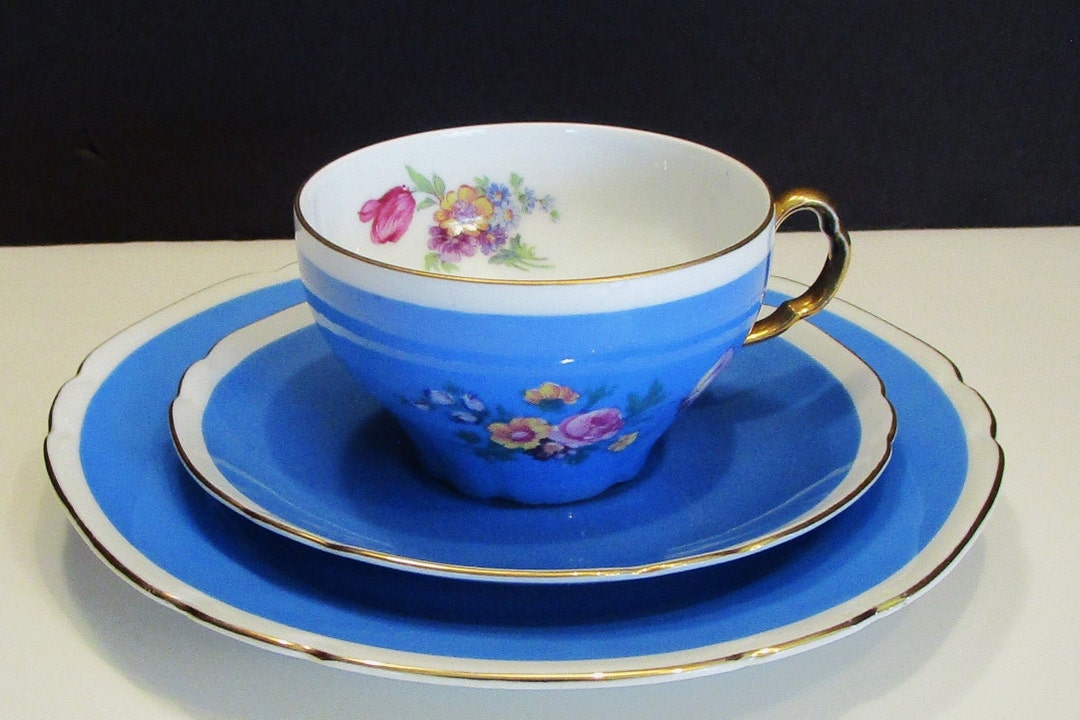 Vintage Victoria Czechoslovakia Porcelain Teacup & Saucer Blue Gold