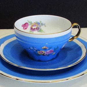 Vintage Victoria Czechoslovakia Porcelain Teacup & Saucer Blue Gold Floral, Pretty Blue Porcelain Dishes, Victoria Plate Teacup Saucer, MER