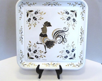 Vintage Maxey Rooster Toleware Square Serving Tray Platter Chicken 13 Inches
