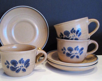 Pfaltzgraff Folk Art Cups and Saucers Set: Stoneware Floral Design