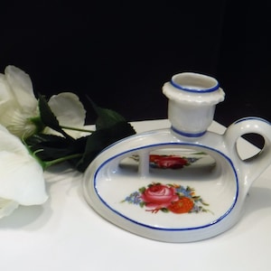 Candlestick Holder Porcelain, Rose Hand Painted Blue Candle Stick Holder, Chamber Light Candle Holder, Czechoslovakia Floral Candle Holder