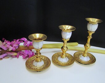 Brass and Mother of Pearl set of 3 Candle Holders, Vintage Brass and Mother of Pearl Graduated Decor Brass Candle Holders, Hollywood Regency