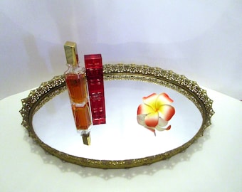 Vintage Gold Filigree Mirrored Vanity Tray XL- Hollywood Regency Decor