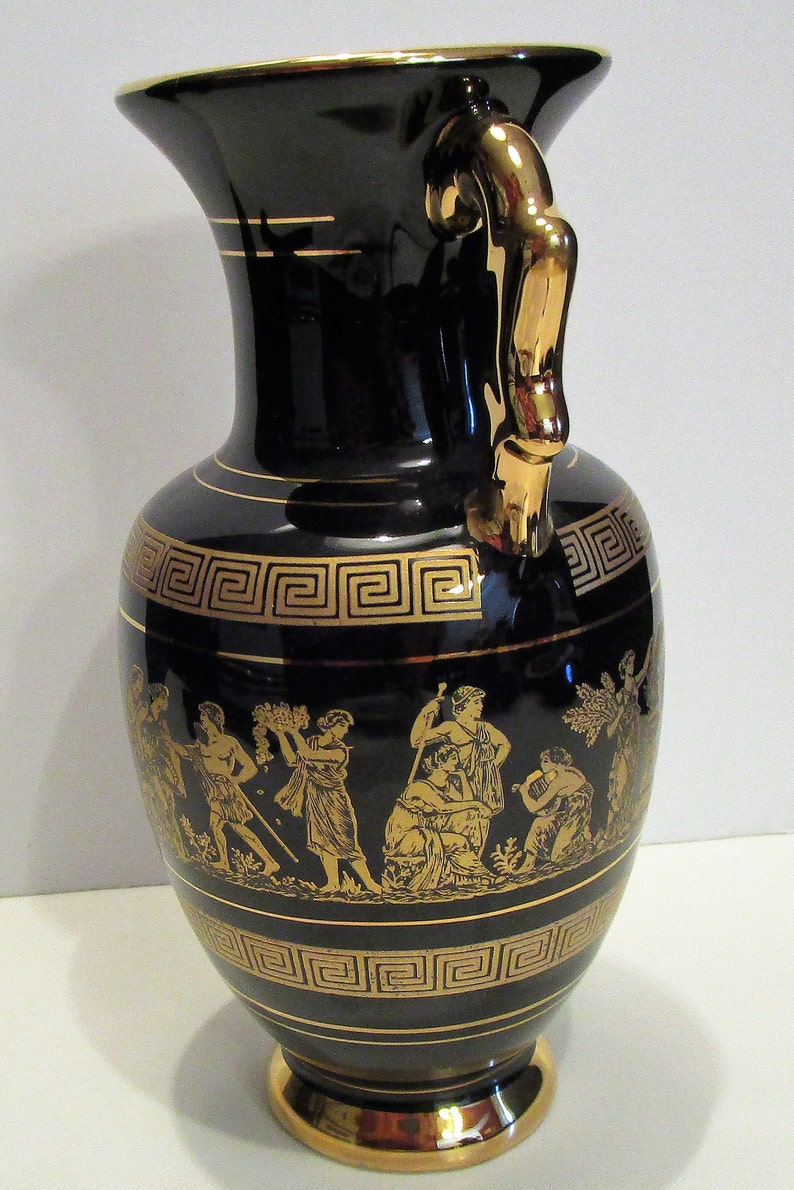 I. Spyropoulos 24K Gold Black Vase Greek Mythology Vintage I. Etsy