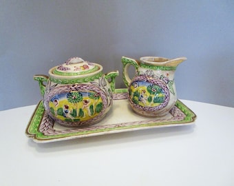 Antique Cherubs Pottery Serving Set: Creamer, Sugar Bowl & Tray