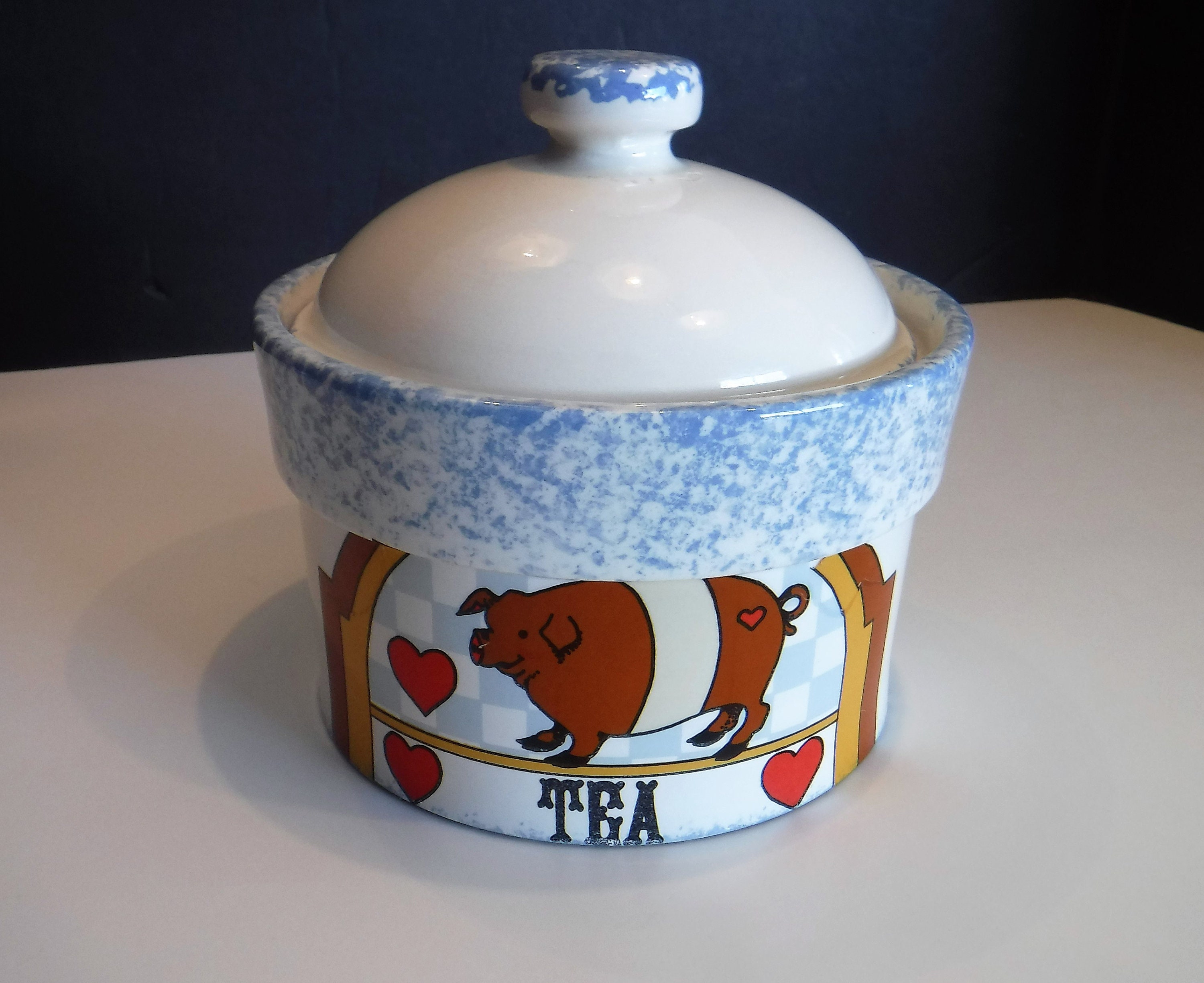 ヴィンテージの豚型ティーキャニスター：70年代の青と白のカントリー