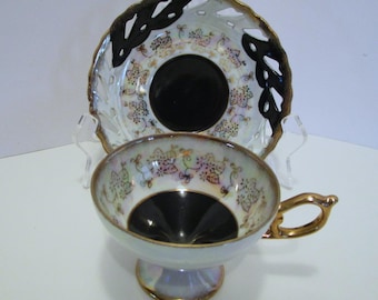Tazza da tè e piattino Lefton China con piedistallo, nero, bianco e oro, dipinti a mano, Lusterware, Tazza Lefton con piattino reticolato, nero, bianco, luster, oro dorato
