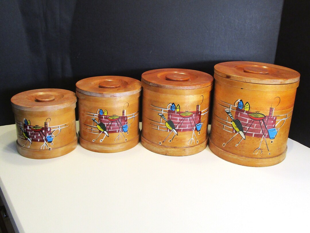 Retro Wood Canisters, Retro Kitchen, Wood Canister Set of 4 MCM 1960s