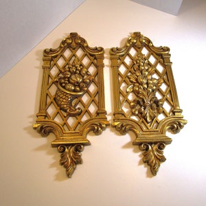 Cornucopia Gold Wall Decor Dart Inc., Trellis Wall Plaques, Wall Panel Decor Gold-Tone Plastic, Vintage Dart Gold Tone Trellis Wall Plaques
