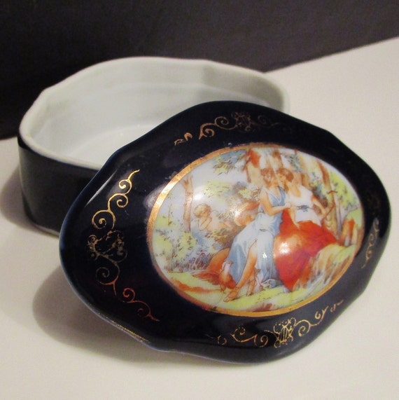 Cobalt Trinket Box: Victorian Ladies Scene, Gold … - image 10