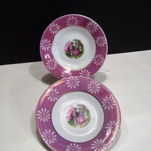 2 petit porte-sachet de thé rose scène victorienne fabriqué au Japon, plateau à bibelots de chevet évier vintage, couple de cour victorienne