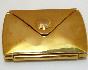 Unique Envelope Mirror, Compact Mirror, Pocket/Purse Gold Tone Mirror Compact, Rare Trifold 2 Mirror Regular & Magnifier, Gold Brassy Shiny