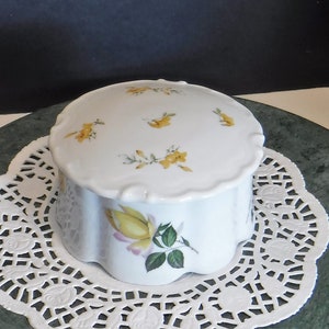 Vintage Yellow Rose Trinket Dish: Porcelain Scalloped Jewelry Box
