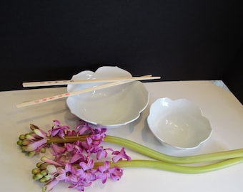 White Porcelain Lotus Bowls: Japanese Rice Bowls, Set of 2