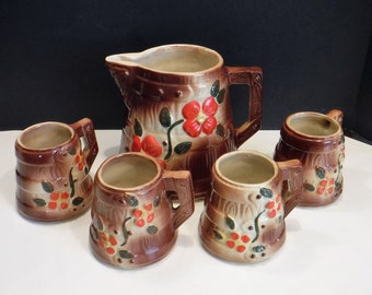 Ceramic Barrel Pitcher Set: Farmhouse Floral Mugs, Primitive Decor