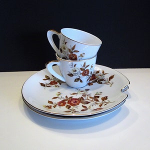 Ensemble d&#39;assiettes à déjeuner et de tasses à thé vintage en porcelaine tendre : fleurs marron, bordures dorées
