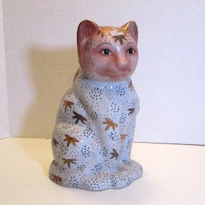 Japanese Porcelain Cat, Vintage Large Japanese Porcelain Floral Cat with Gold Accents, Asian Cat 10 1/2 inches tall with Gold Accents