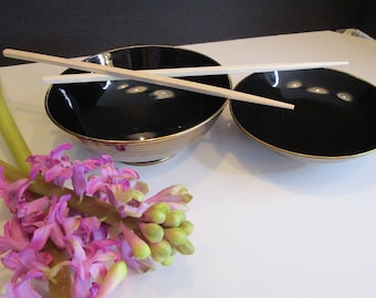 Vintage Black & Gold Porcelain Bowls: Asian Decor Set