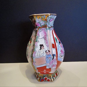 Handbemalte Famille Rose Porzellanvase: Asiatische Vögel & Geishas