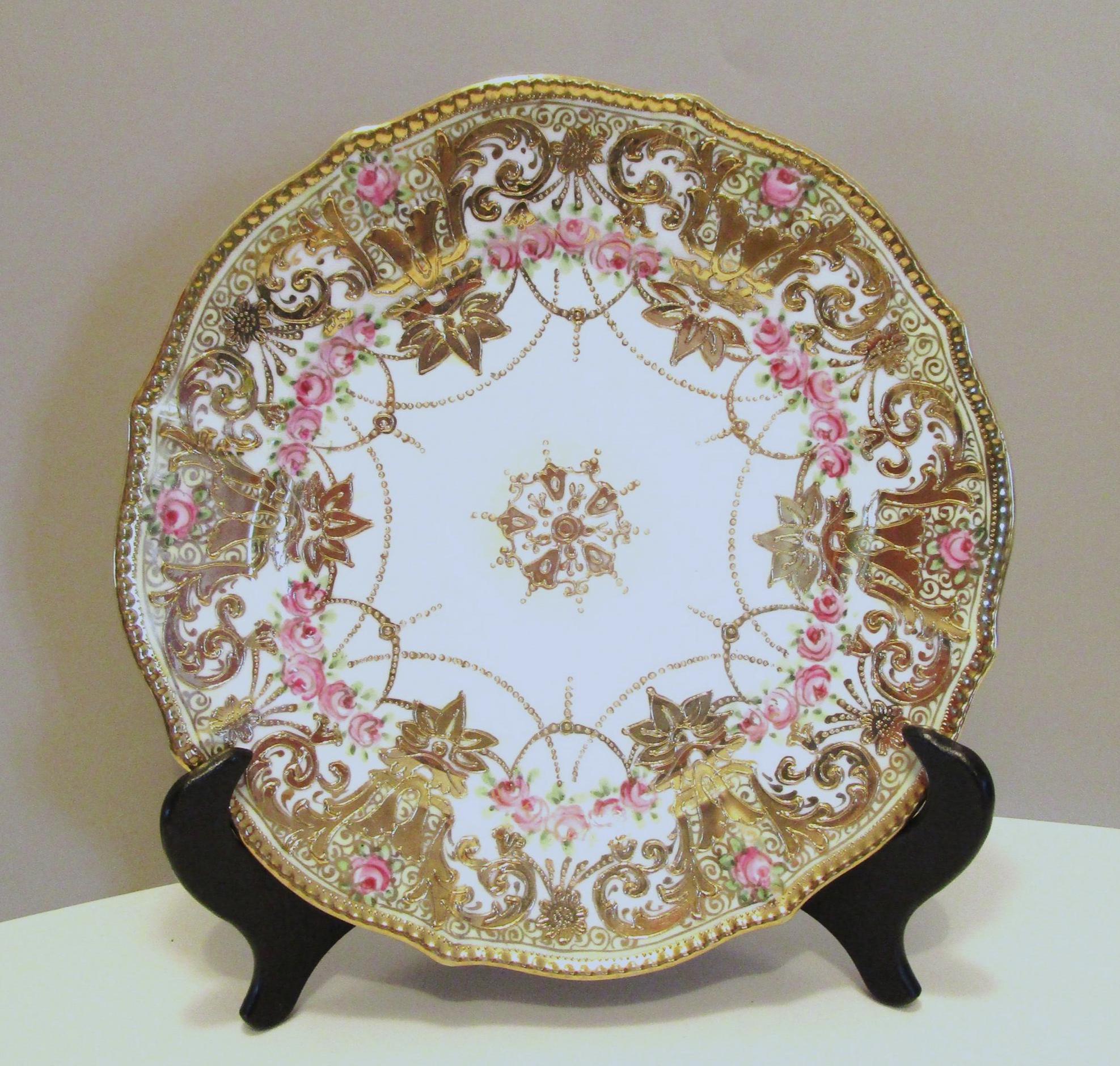 NIPPON Porcelain Hand Painted Raised Heavy Gold and Pink Garlands