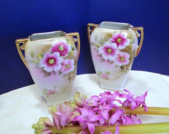 Vintage Pair of Nippon Pink Floral Vases, Floral Flower Hand Painted Vases Nippon, HandPainted Pink Roses Nippon Vases, TWO 5 1/2 inch Vases