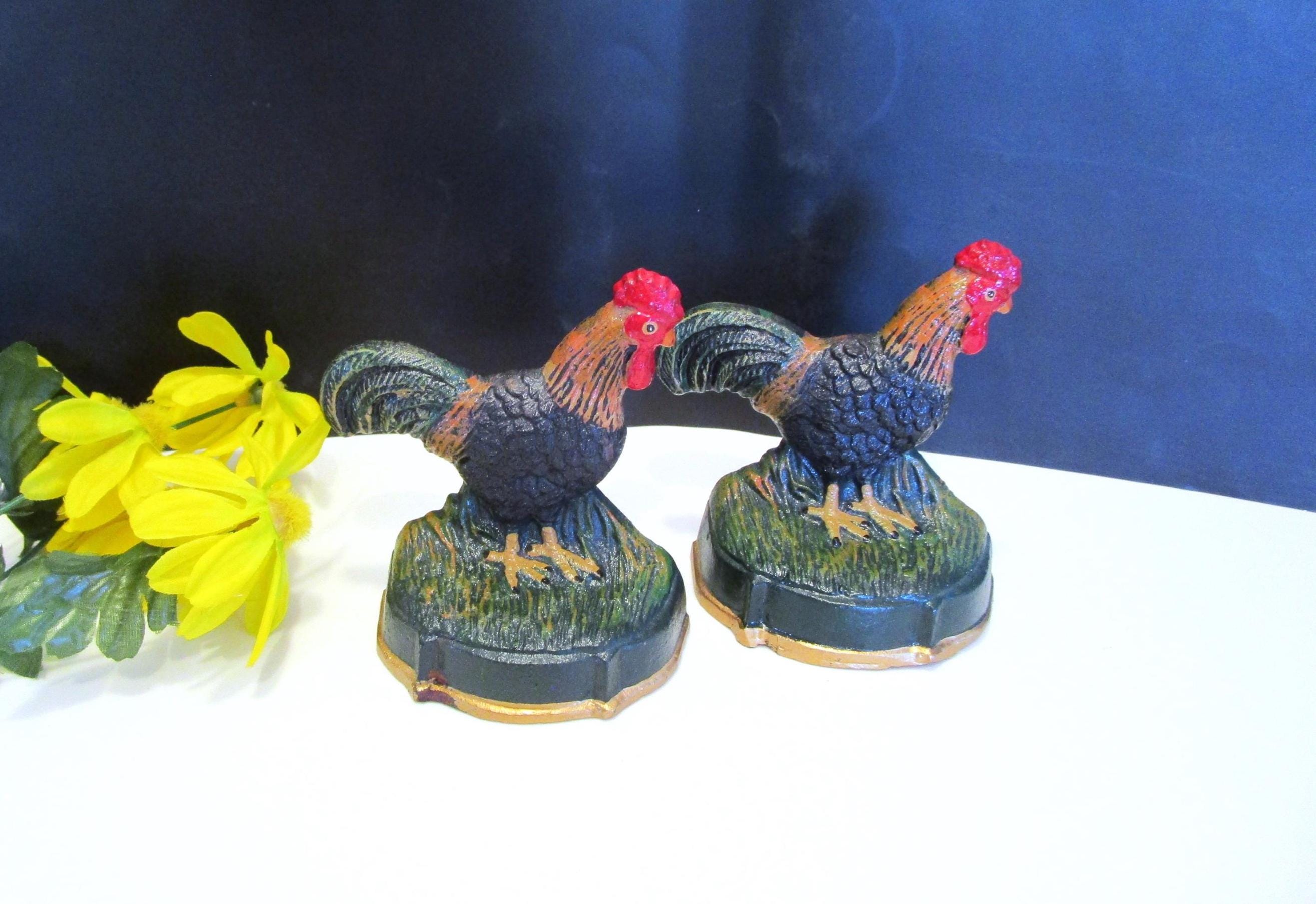 Vintage Cast Iron Rooster Bookends/door Stop Farmhouse Decor, Pair