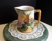 Antique Nippon Morimura Pitcher, Nippon Windmill Pitcher Vase, Nippon Windmill Scenic Pattern, Pitcher Moriage Handle 5 1 2 inch tall, MER