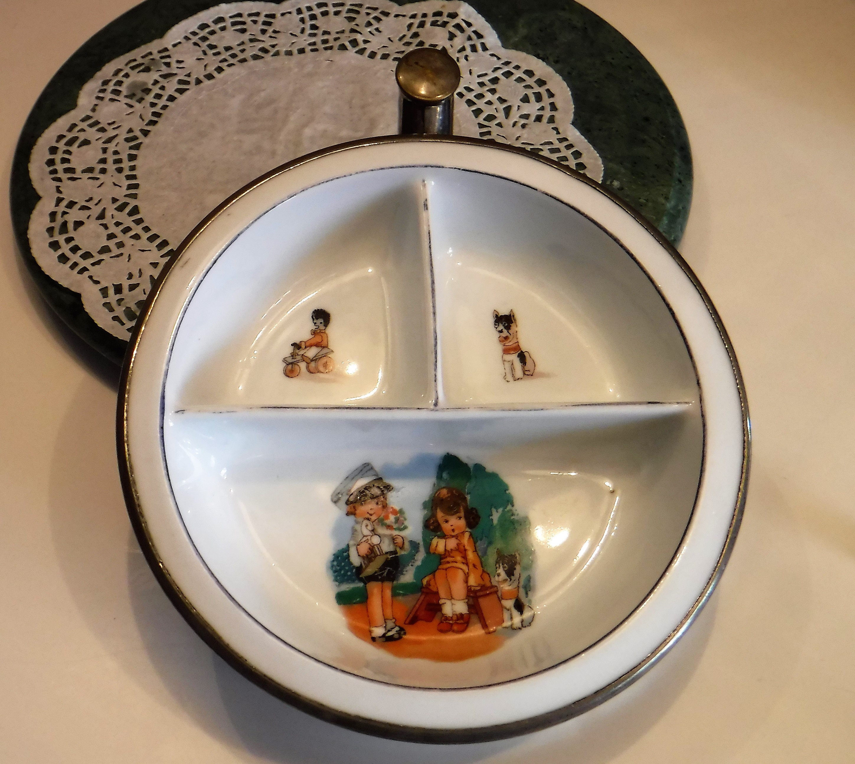 Antique German Hot Water Warming Dish. Porcelain Bowl, Metal Base and Spout  to Hold Hot Water, Metal Handles. 