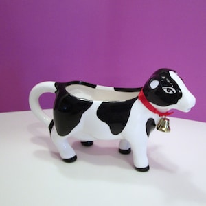 Cow Creamer, Russ Ceramic Black and White Cow Creamer with Brass Bell, Farm Animal Collector, Kitchen Farm Decor, Black White Cow Creamer