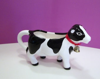 Cow Creamer, Russ Ceramic Black and White Cow Creamer with Brass Bell, Farm Animal Collector, Kitchen Farm Decor, Black White Cow Creamer