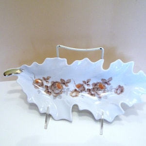Old Nuremberg Trinket Holder, Old Nuremberg Bavaria Germany Floral Leaf Shaped Dish Orange Roses, Porcelain Brown Orange Gray Gold Colors