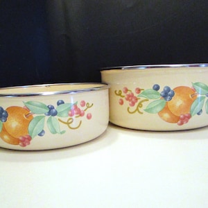 Enamel And Metal Bowls, Set of 2 Vintage Enameled Metal Fruit Motif Stacking Bowls, Enamel and Metal Nesting Bowls set of 2