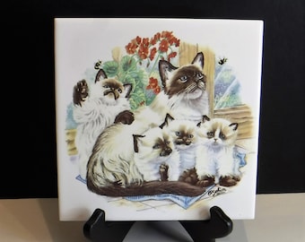 Antique Porcelain Cats Tile Trivet: Hand-Painted Decorative Tray