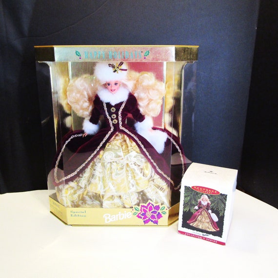 Happy Holidays Barbie Doll 1996 With Matching Ornament Happy Holidays Special Edition 1996 Barbie Doll Mattel Red Gold Dress Blonde MER Etsy UK