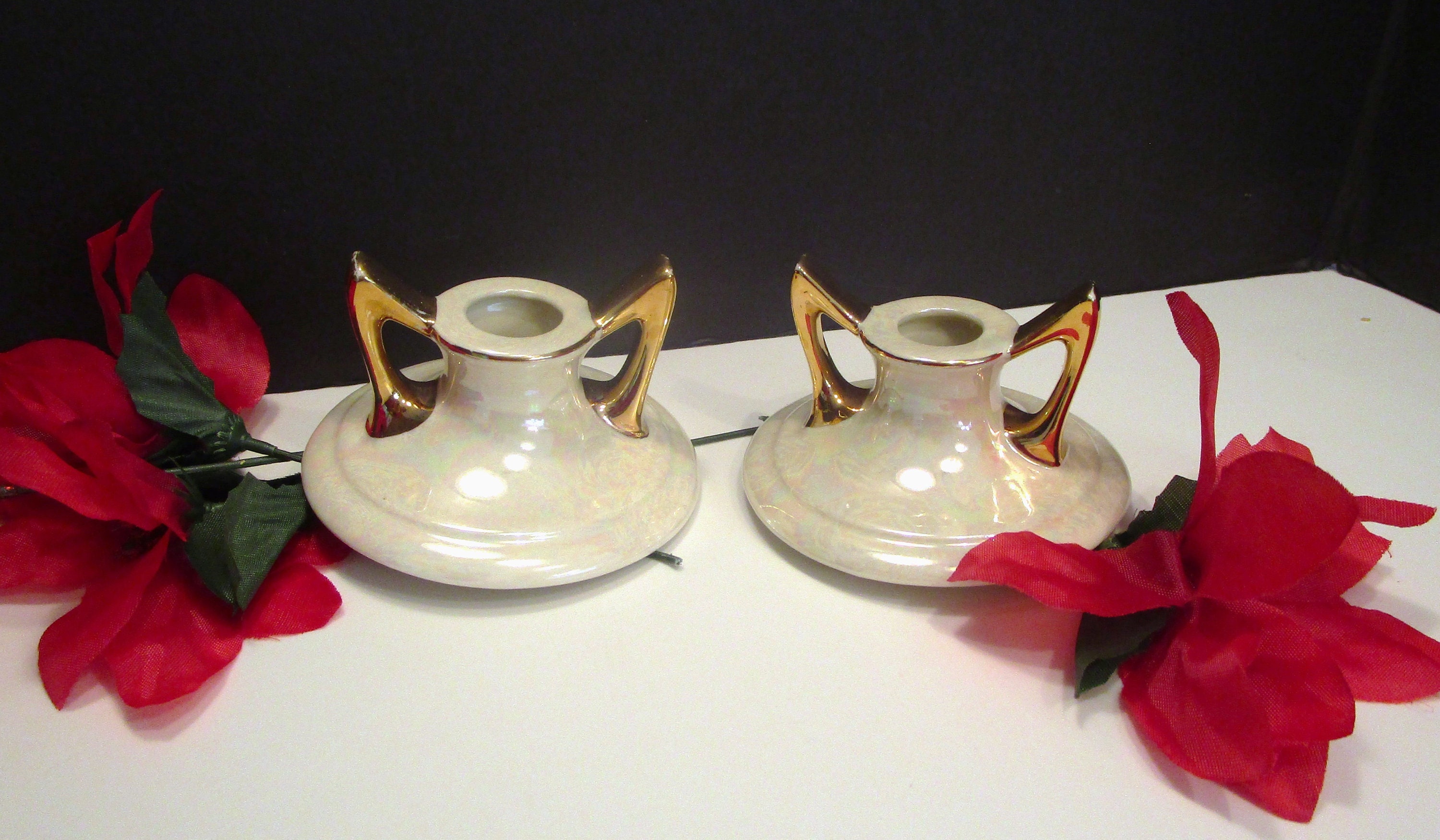 Vintage Pearl China Co. Candlestick Holders: Pearlescent 22KT Gold