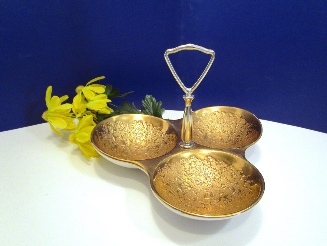 MCM Holley Ross Gold 22K Serving Dish. Weeping Bright, 3 Section