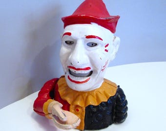 Vintage Cast Iron Clown Jester Humpty Dumpty Mechanical Coin Bank