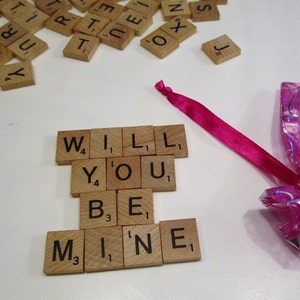 Custom Scrabble Words, Scrabble Letters Tiles, Name Plates/Plaques, Questions in a bag to Un scramble, MARRY ME, Up to 9 letters or Blanks