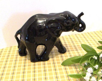 Black Elephant Figurine, Black Porcelain Elephant, Lucky Elephant with Trunk Up, Black Elephant 5 1/2 X 3 1/4 , Elephant