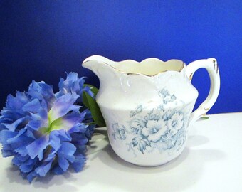 Embossed Porcelain Creamer: Blue Hibiscus Design, Cottage Chic - Made in England