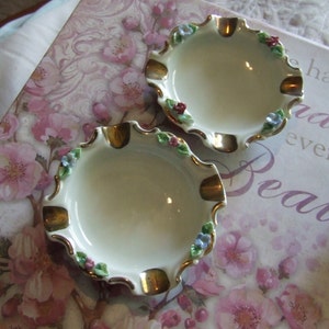 Vintage Dresden Porcelain Ashtrays: Floral Trinket Dishes, Gold Trim (Set of 2)