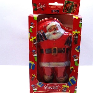 Lata de colecionador de Papai Noel da Coca-Cola vintage com cartas de baralho, cartas de baralho da Coca-Cola, lata de colecionador de Papai Noel com 2 baralhos de cartas